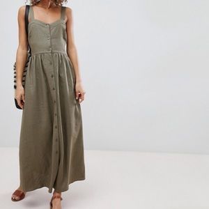 ASOS Linen Button Front Maxi Dress in Khaki